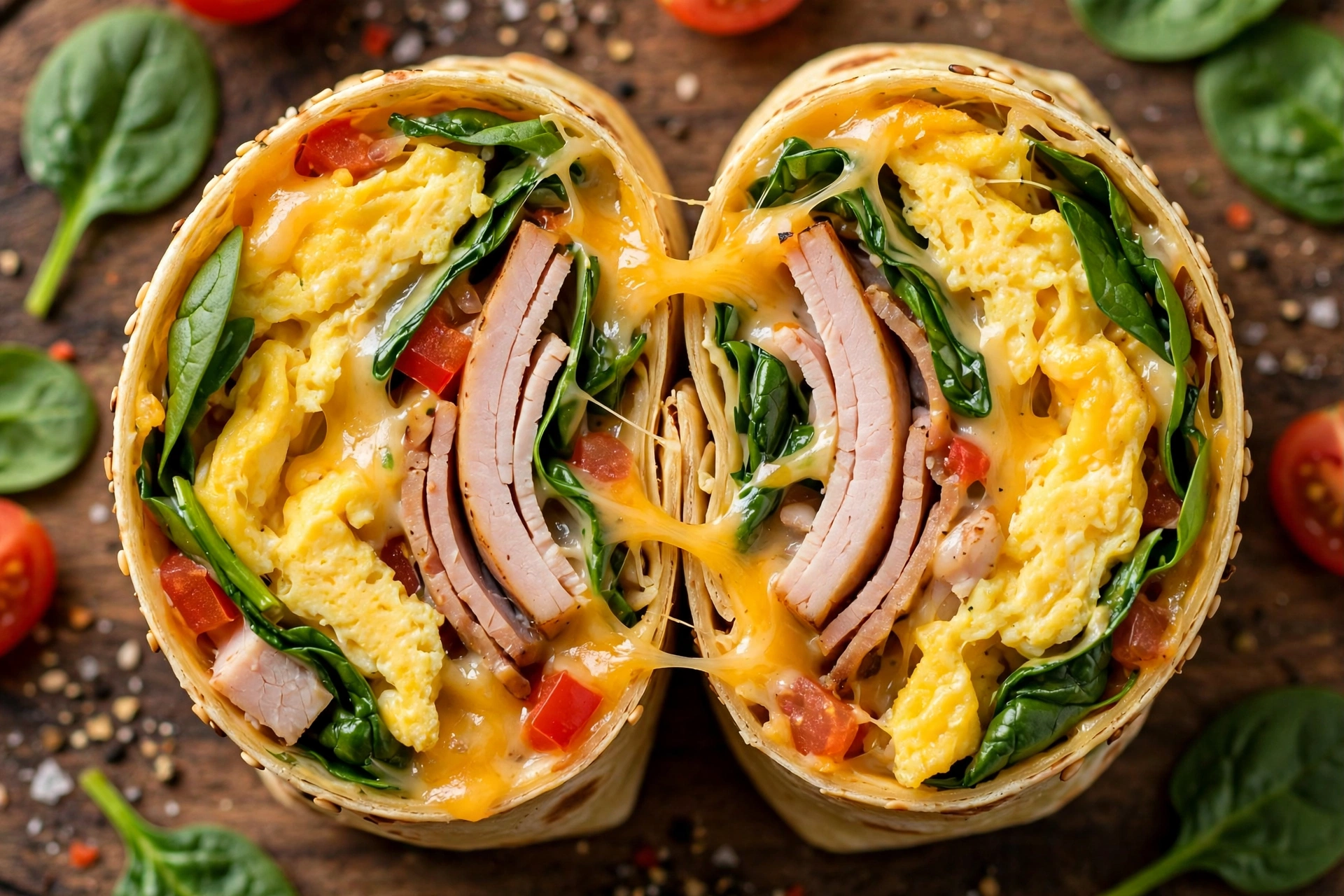 This High Protein Breakfast Wrap has 30g protein and ready in 10 mins! Eggs, turkey, spinach, avocado & cheese in golden tortilla. Meal prep & freezer friendly!