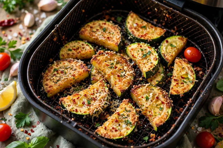 Crispy air fryer zucchini with parmesan, garlic, onion, chili powder! Golden edges, tender centers, 5 mins prep, 15 mins total, healthy vegetarian side dish!