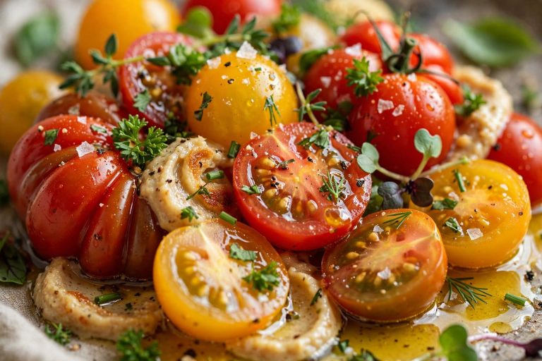 Heirloom Tomato Garlic Salad with Basil No Cooking