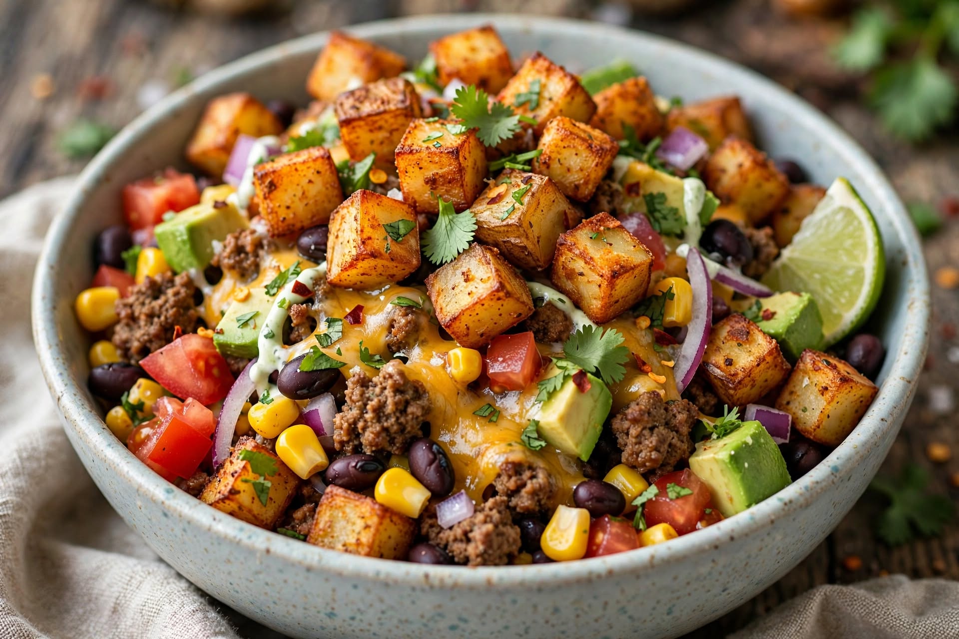 Easy Loaded Potato Taco Bowl with Black Beans and Corn
